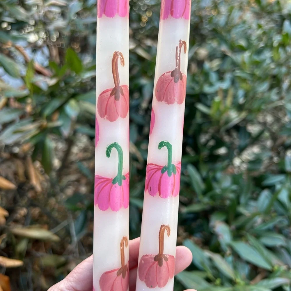 Anthropologie White Taper Candles with Hand painted pumpkin Motif - Pair